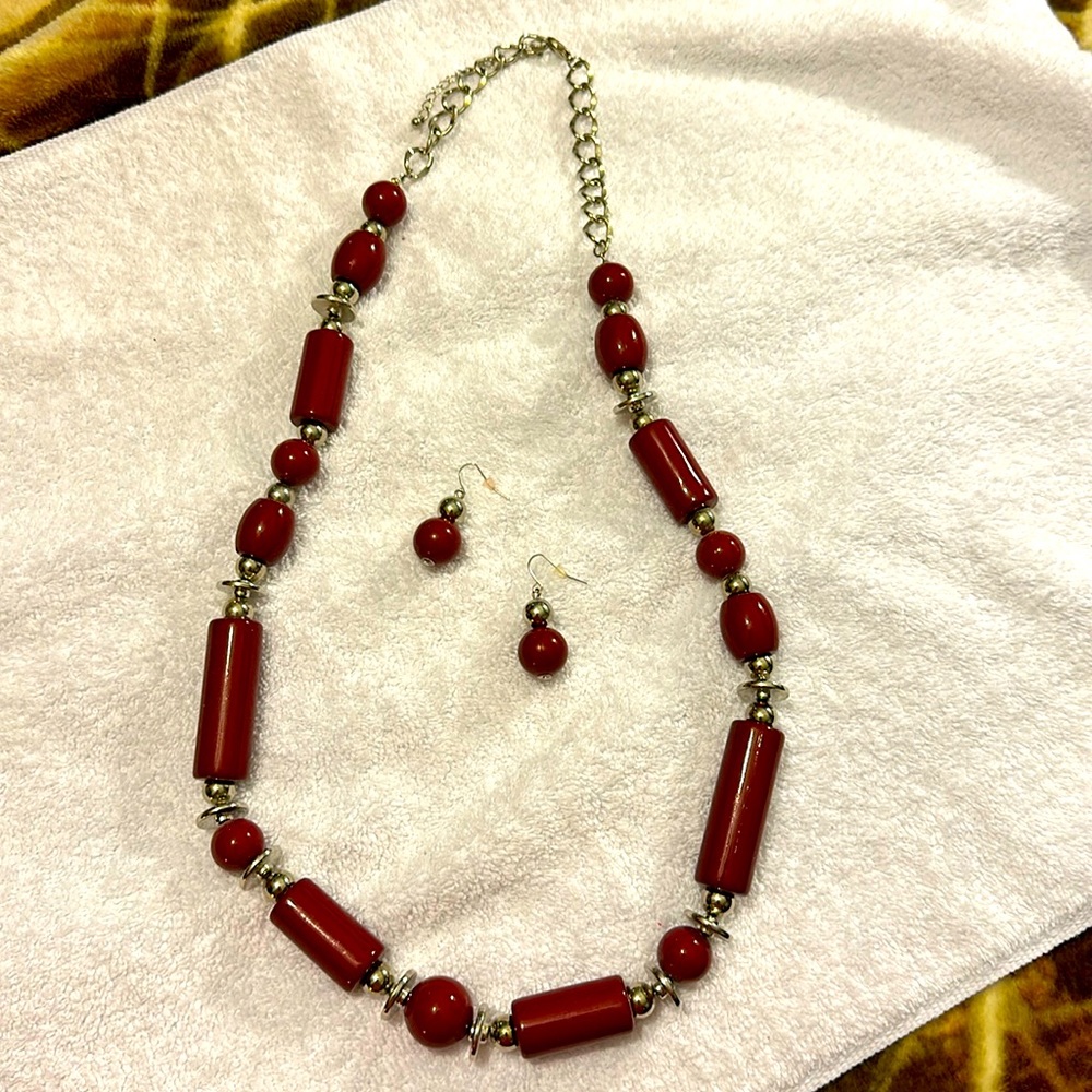Heavy Silver & Deep Maroonish-Red  Necklace & Earrings Set